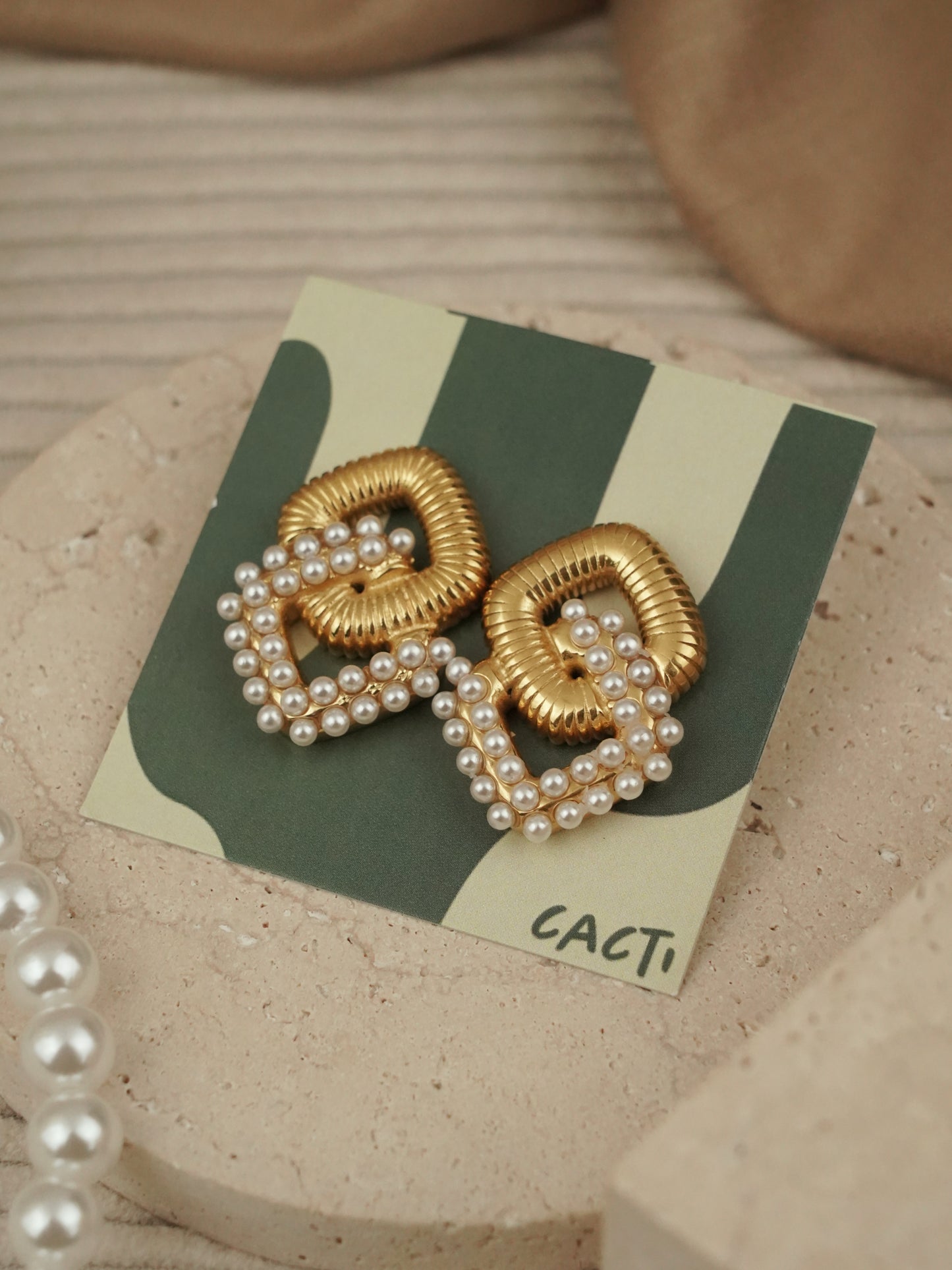 Square gold pearl studs