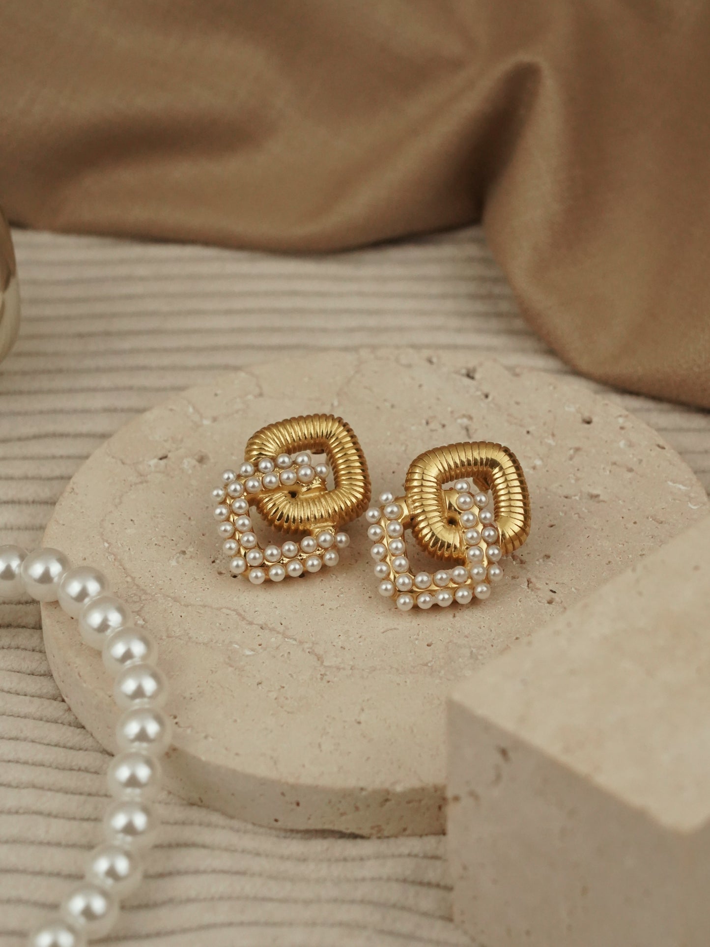 Square gold pearl studs