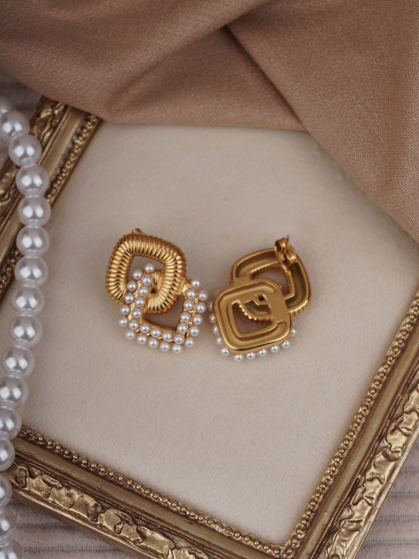 Square gold pearl studs